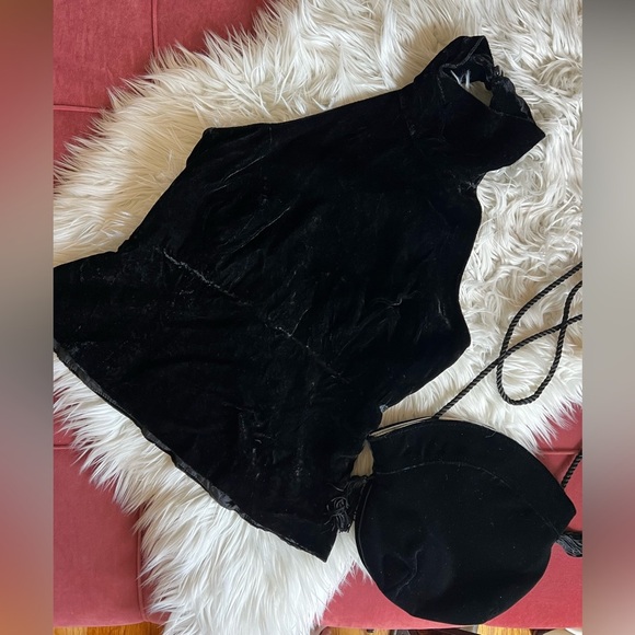 Vintage Black Velvet Bodysuit & Matching Evening Bag 90s Glam Retro Party Outfit - Picture 13 of 13